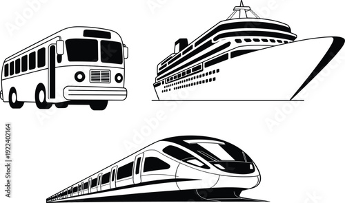 Vector Illustrations of Public Transportation Featuring a Modern High Speed Train a Large Cruise Ship and a Classic City Transit Bus