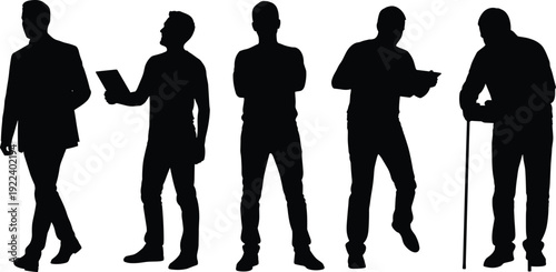 Silhouette men walking, standing, reading, presenting, leaning, aging, lifestyle diversity, teamwork, communication, modern office activity, professional routine illustration design