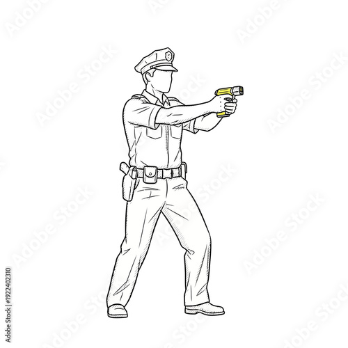 Police Officer Aiming Pistol, Line Art Illustration