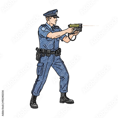 Police officer aiming taser gun, self-defense, law enforcement, action pose