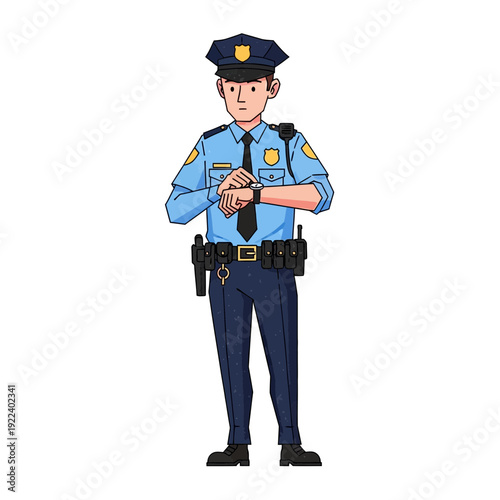 Police Officer Checking Watch, Cartoon Style
