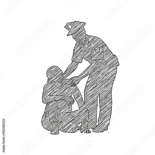 Police officer comforting a distressed person, sketch style