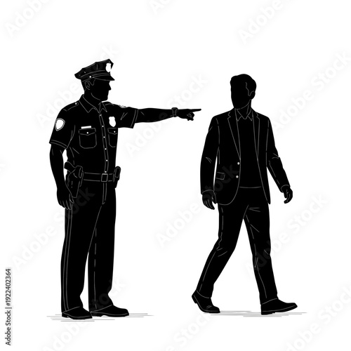 Police officer directing civilian, silhouette