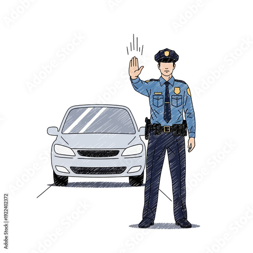 Police Officer directing traffic with hand gesture near a car