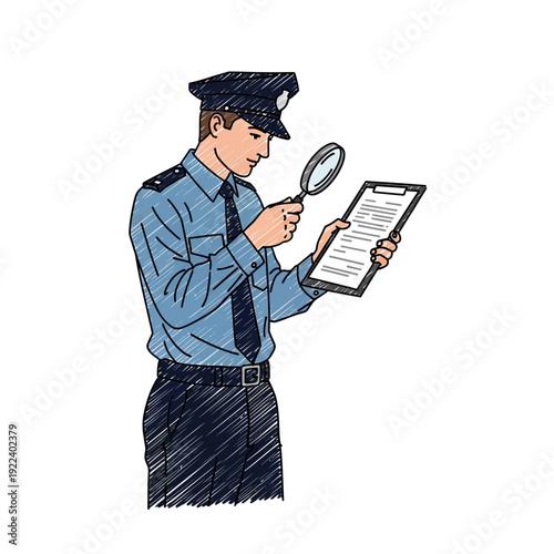 Police officer examining document with magnifying glass