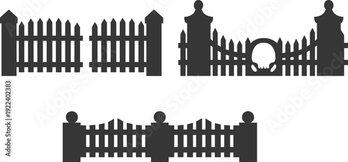 Set of Decorative Black Wooden Fence and Garden Gate Silhouettes with Picket Posts and Ornate Entrance Designs for Home Security and Landscaping