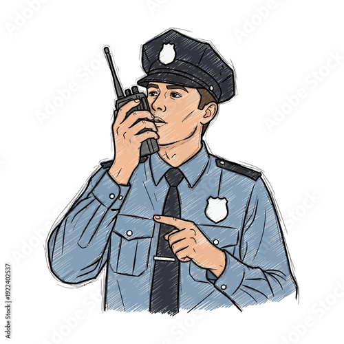 Police Officer Talking on Radio, Pointing Forward