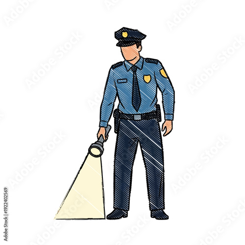 Police officer with flashlight, illustration