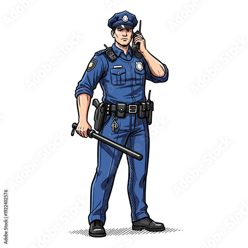 Police Officer with Radio and Baton, Uniformed Law Enforcement