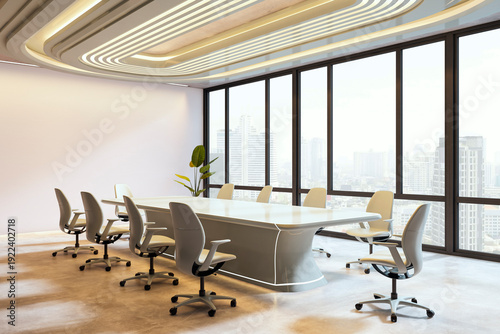 Modern corporate conference room interior with sleek table, ergonomic chairs, large windows, and futuristic ceiling design overlooking the city skyline. 3D Rendering