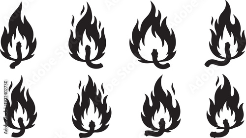 Set of black flame icons on white background vector graphics