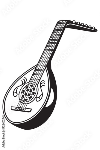 Lute. String music instrument. Black and white vector clipart isolated on white.