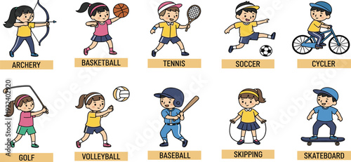 Cartoon children playing various sports including archery, basketball, tennis, soccer, cycling, golf, volleyball, baseball, skipping, and skateboarding, educational fitness illustration for creative 