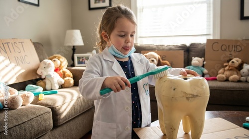 Young girl dressed as a dentist, wearing a lab coat and mask, diligently brushing a large toy tooth, engaging in imaginative pretend play about dental hygiene education