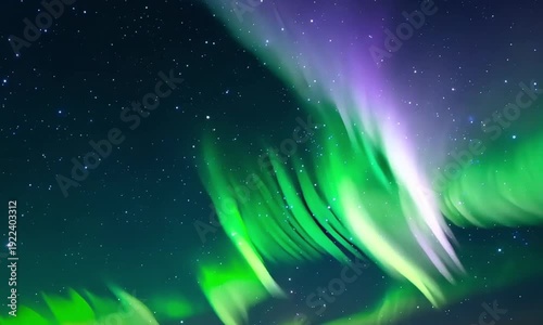 Aurora borealis. Green and purple northern lights. Night sky with stars. Natural phenomenon. Colorful display. Atmospheric illustration. Starry background. Landscape photography. Nighttime