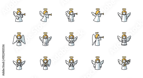 Cute Angel Icons Set: Diverse Characters with Trumpets and Wings