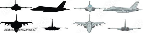 Fighter jet aircraft set with black silhouettes and detailed military plane views, front, side, top and rear angles, aviation illustration isolated on white.