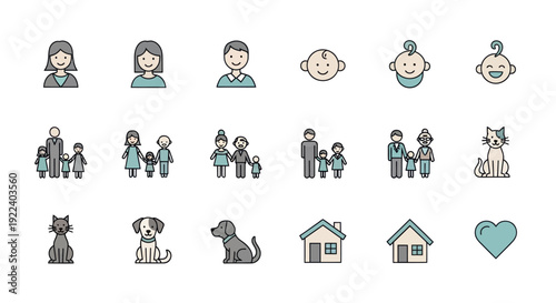Diverse Family Icons: People, Babies, Pets, Houses & Heart - Vector Set