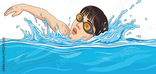 Cartoon swimmer performing freestyle stroke with goggles in water, dynamic sports illustration for fitness, training, competition, aquatic activities, and creative resources