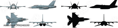 Fighter jet aircraft set with detailed military plane views and matching black silhouettes, front, side, top and rear angles, isolated on white.