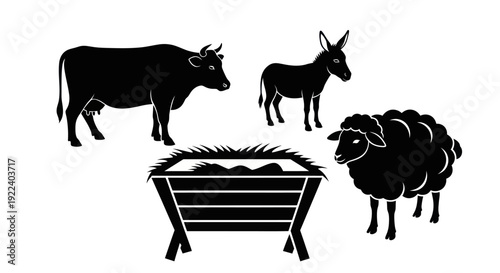 Nativity Scene Animals Silhouette: Cow, Donkey, Sheep with Hay Manger on White Background