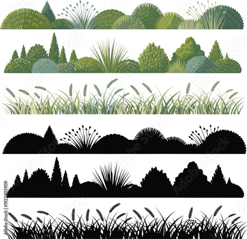 Garden border landscape set with bushes, shrubs and tall grass, green decorative elements plus black silhouettes, vector nature dividers isolated on white.