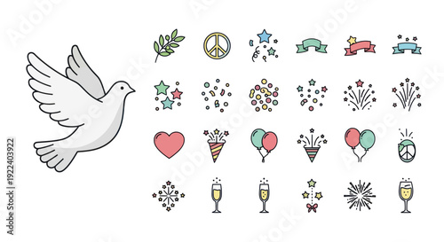 Peace Dove with Celebration Icons: Hearts, Stars, Fireworks, Balloons, Peace Sign