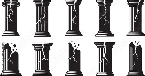 Cracked and broken ancient stone pillars in various stages