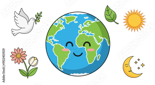 Cute cartoon Earth planet with happy face, surrounded by nature symbols: dove, flower, sun, moon, leaf.