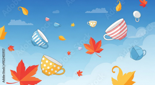 Colorful tea cups and autumn leaves floating in a blue sky with clouds evoking a sense of carefree joy and whimsy on a sunny day