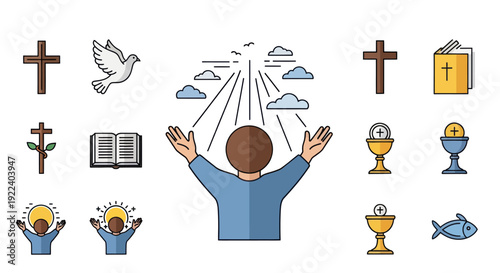 Christianity Icons Set: Faith, Prayer, Holy Symbols, Dove, Bible, Crosses, Communion