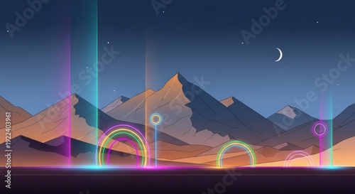 Vibrant neon lights illuminate a futuristic mountain landscape under a starry night sky with a crescent moon