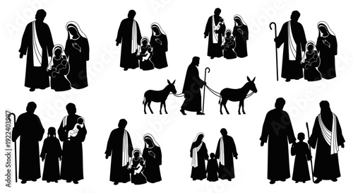 Nativity Scene Silhouettes: Holy Family, Joseph, Mary, Baby Jesus, Donkey