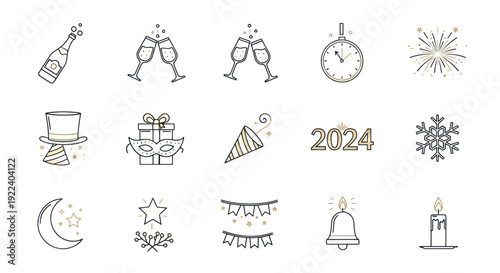 New Year 2024 Celebration Icons: Champagne, Fireworks, Gifts, Confetti, Clock, Snowflake