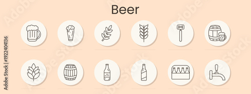 Beer set icon. Mug, pint glass, barley, wheat, opener, barrel, bottle, pack, tap, hops, brewery, alcohol, craft drink, pub, fermentation
