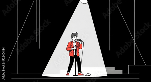 Man in red jacket singing into microphone on stage under spotlight with black background and white triangle