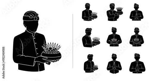 Balinese Man Offering Flowers Silhouette, Traditional Ceremony Icon Set