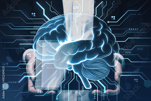Photos Digital brain with glowing circuitry held by person illustrating virtual intelligence and modern technology concept in futuristic view