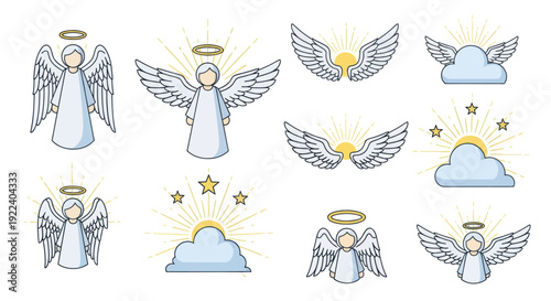 Divine Angel Icons Set: Heavenly Beings, Wings, Clouds and Stars