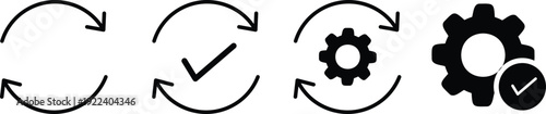 refresh, settings, update, and gear check icons set. settings gear with a checkmark for successful configuration in outline style.Outline system control vector style.  progress symbols representing up