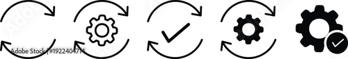 refresh, settings, update, and gear check icons set. settings gear with a checkmark for successful configuration in outline style.Outline system control vector style.  progress symbols representing up