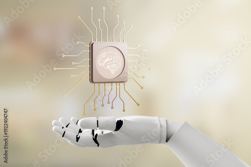 Robotic hand supporting glowing neural processor chip with branching circuits...