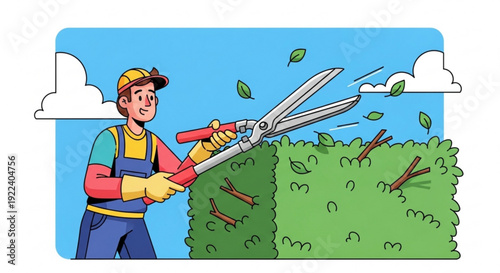 Gardener trimming a hedge with large scissors wearing protective gloves and overalls against a clear blue sky with fluffy white clouds