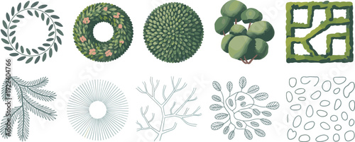 Hand drawn garden landscape elements set, top view trees, shrubs, wreaths, branches and paving textures, watercolor style vector clipart isolated on white.