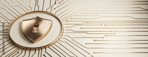 Foto Golden shield lock icon on digital circuit circuits representing secure data protection in modern technology design