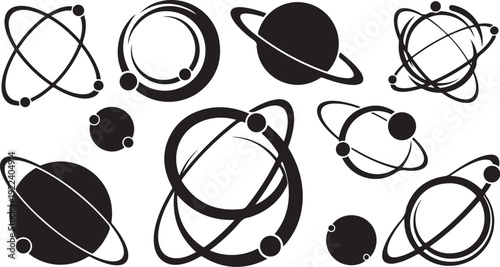 Black and white illustration of planets and their orbits