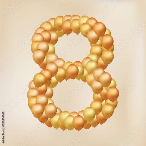 Number 8 from gold balloons, for celebration, birthday
