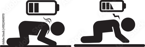 Two black silhouette figures kneeling with depleted battery icons above their heads, symbolizing exhaustion and low energy.