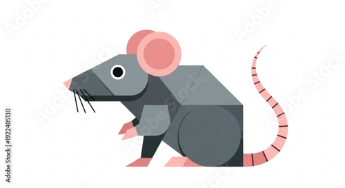 Gray rat with pink ears and tail standing on hind legs geometric illustration simple background cartoon style pest control concept