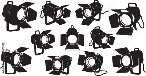 Collection of studio lights on white background illustration set
